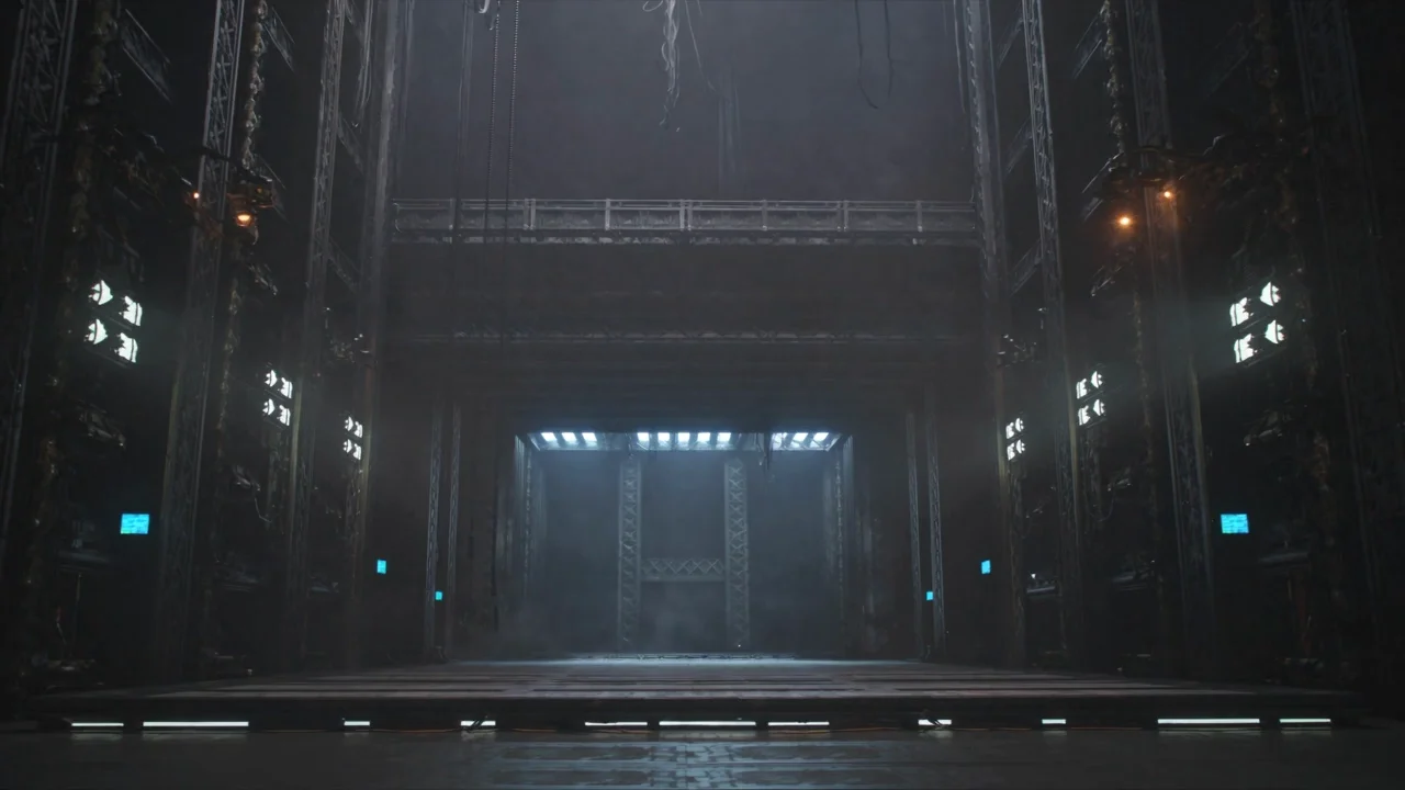 Deep industrial hangar with scaffolding